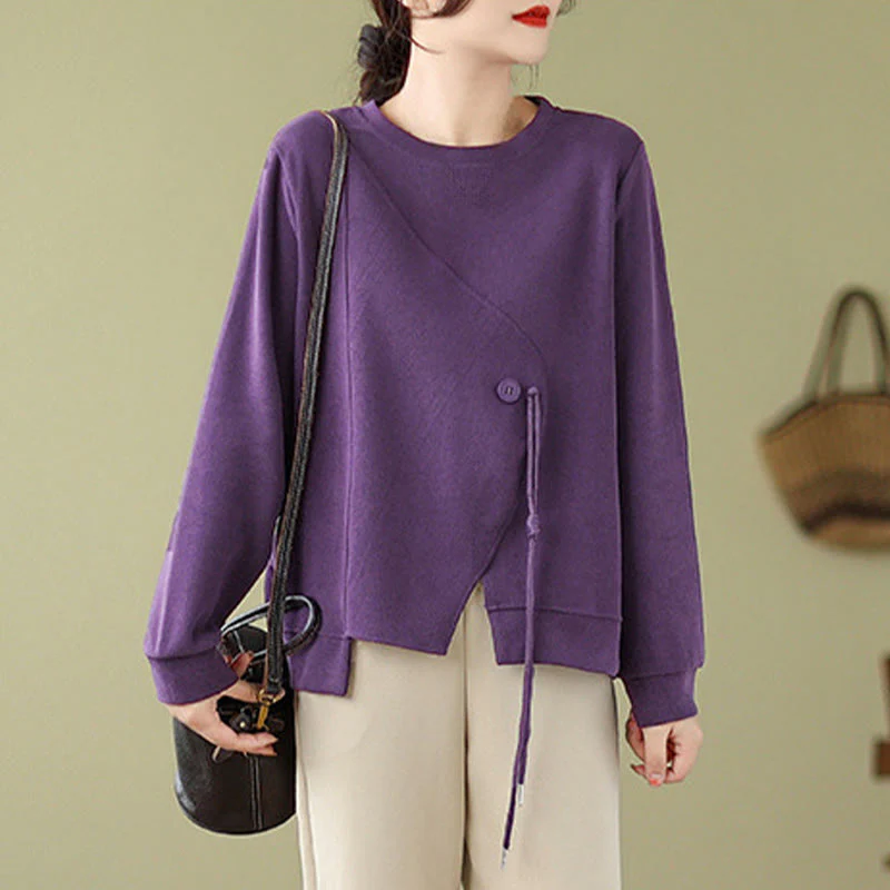 Buddha Stones Fall Plain Button Crew Neck Cotton Pullover Women's Sweatshirt