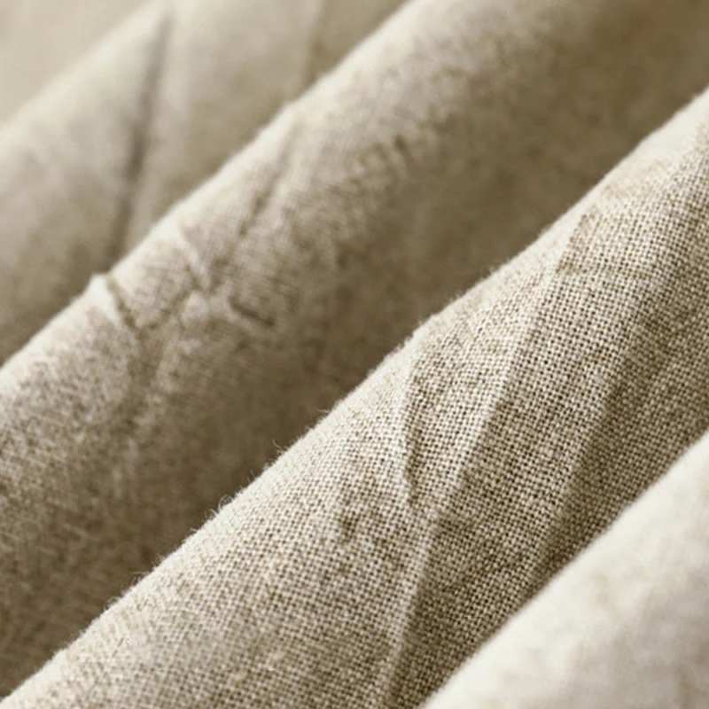 Buddha Stones Plain Pleats Half Buttons Design Stand Collar Men's Long Sleeve Cotton Linen Shirt