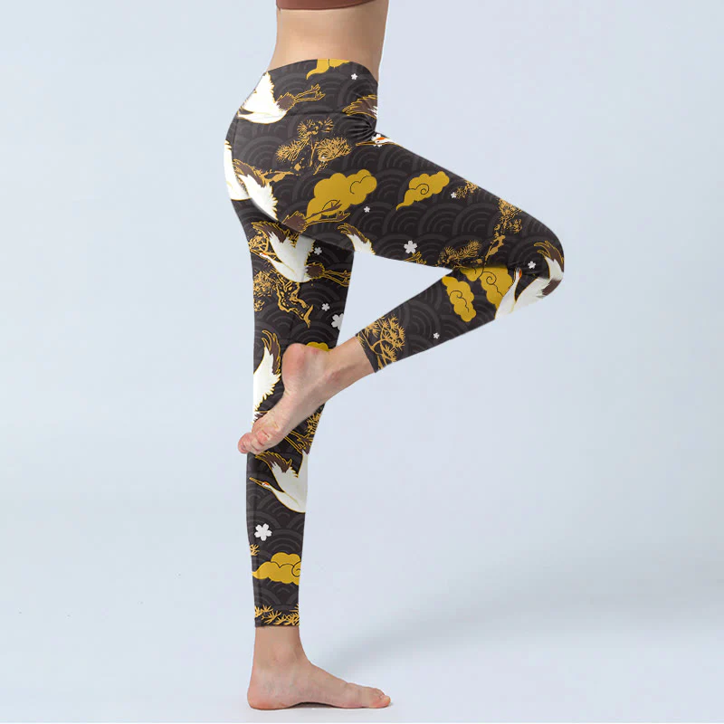 Buddha Stones Golden Auspicious Cloud Pine Branch Crane Wave Pattern Print Gym Leggings Women's Yoga Pants
