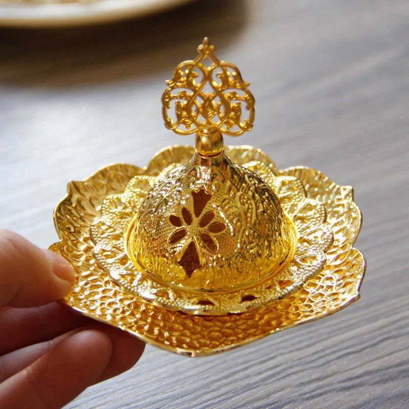 Buddha Stones Gold Leaf Coaster Spiritual Mini Alloy Metal Incense Burner