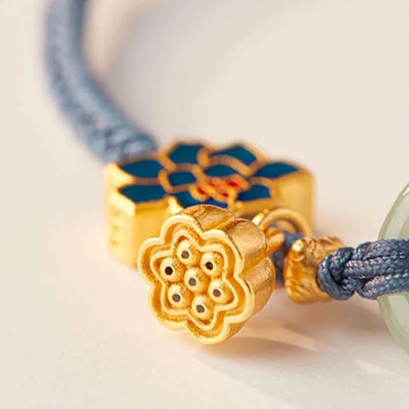 Buddha Stones Hetian Jade Lotus Peace Buckle Braided Rope Fortune Bracelet