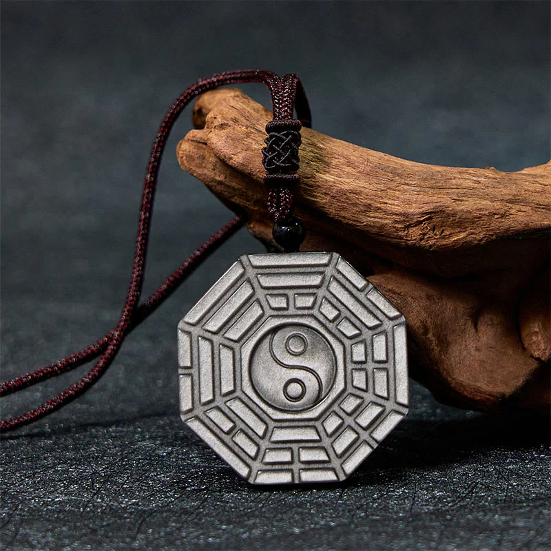 Buddha Stones Silver Sheen Obsidian Bagua Yin Yang Symbol Protection Necklace Pendant