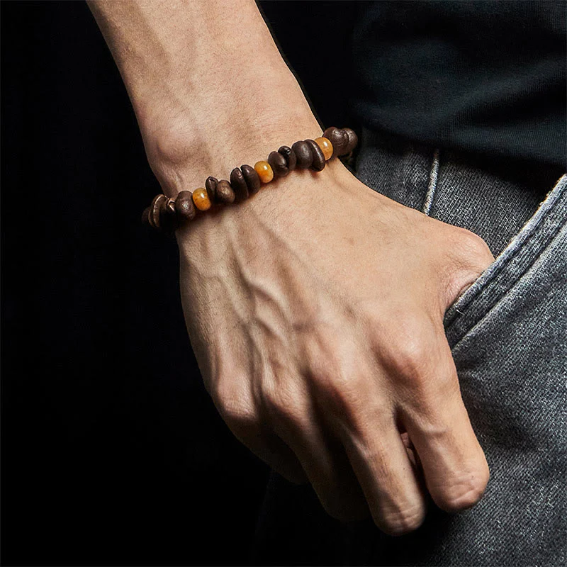 Buddha Stones Natural Coffee Beans Green Aventurine Huanglong Jade Beads Bracelet