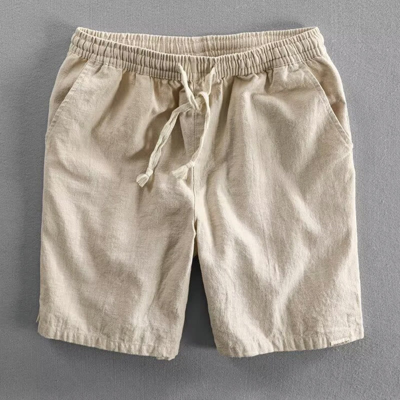 Buddha Stones Drawstring Elastic Waist Cotton Linen Men's Shorts With Pockets