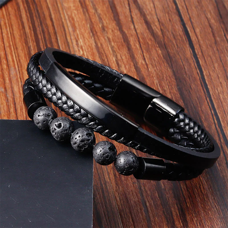 Buddha Stones Leather Titanium Steel Lava Rock Strengthen Buckle Bracelet