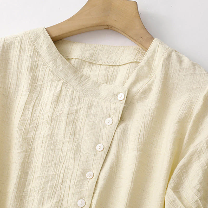 Buddha Stones Casual Plain Asymmetrical Lace-Up Design Puff Short Sleeve Women's Cotton Shirt