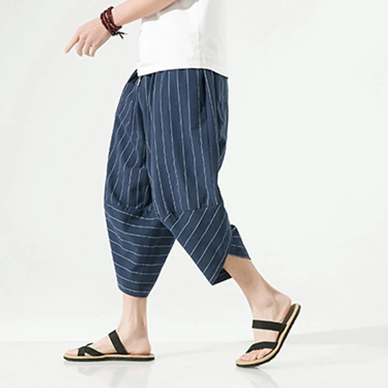 Buddha Stones Casual Plain Stripes Pattern Drawstring Men's 7-8 Length Cotton Linen Harem Pants With Pockets