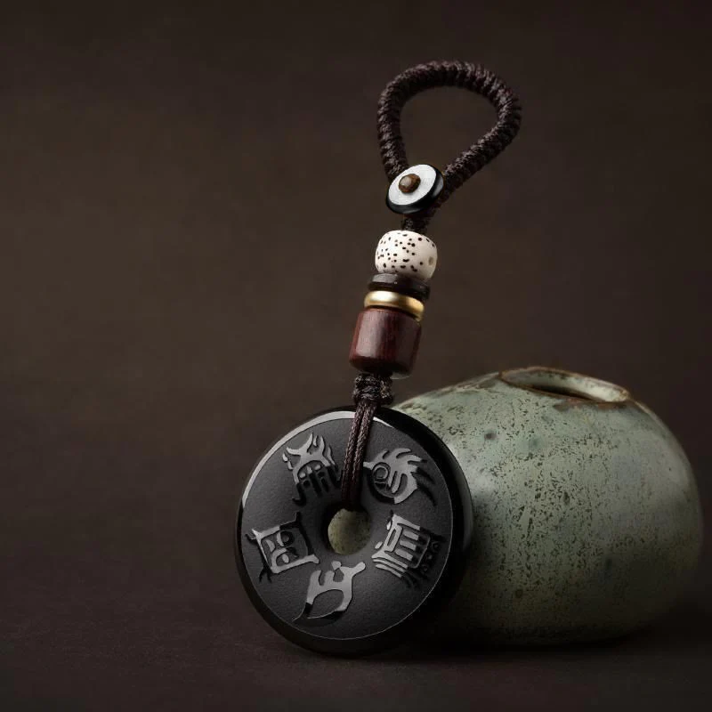 Buddha Stones Black Obsidian Taoism Five Sacred Mountains Carved Strength Peace Buckle Necklace Pendant Key Chain Phone Hanging Decoration