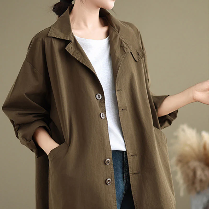 Buddha Stones Spring Plain Buttons Design Long Sleeve Women's Cotton Linen Jacket With Pockets