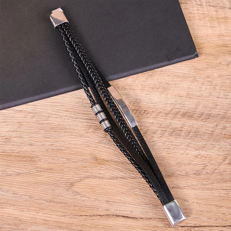 Buddha Stones Fashion Titanium Steel Leather Hand Woven Magnetic Buckle Strengthen Bracelet