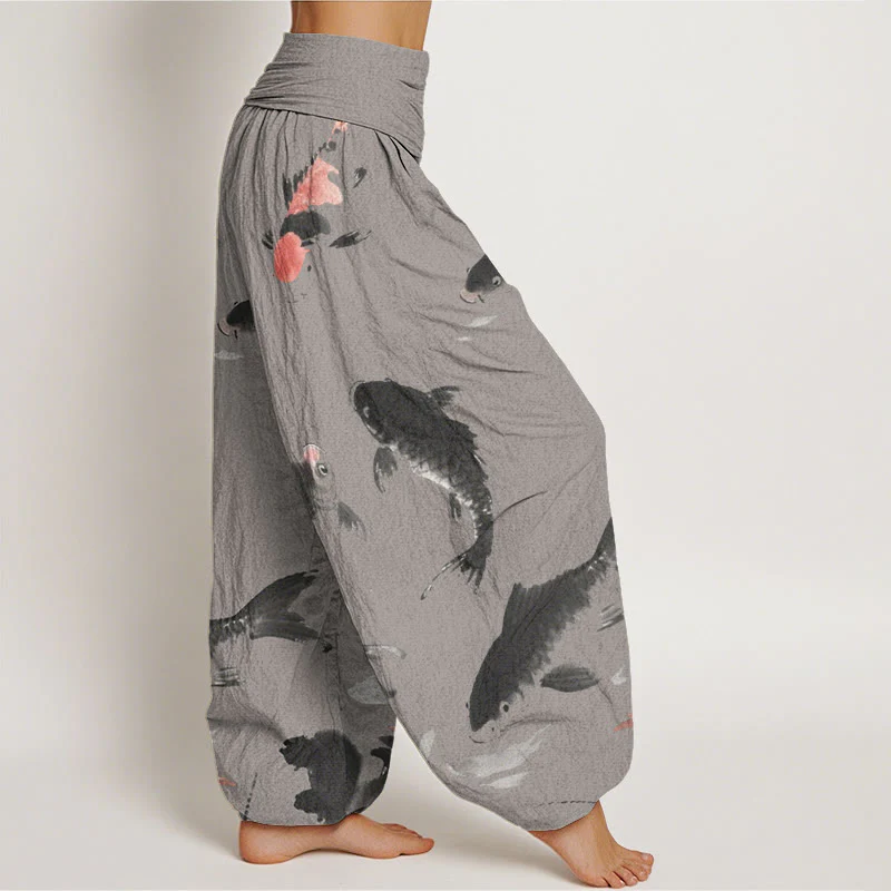 Buddha Stones Casual Koi Fish Pattern Women's Elastic Waist Harem Pants