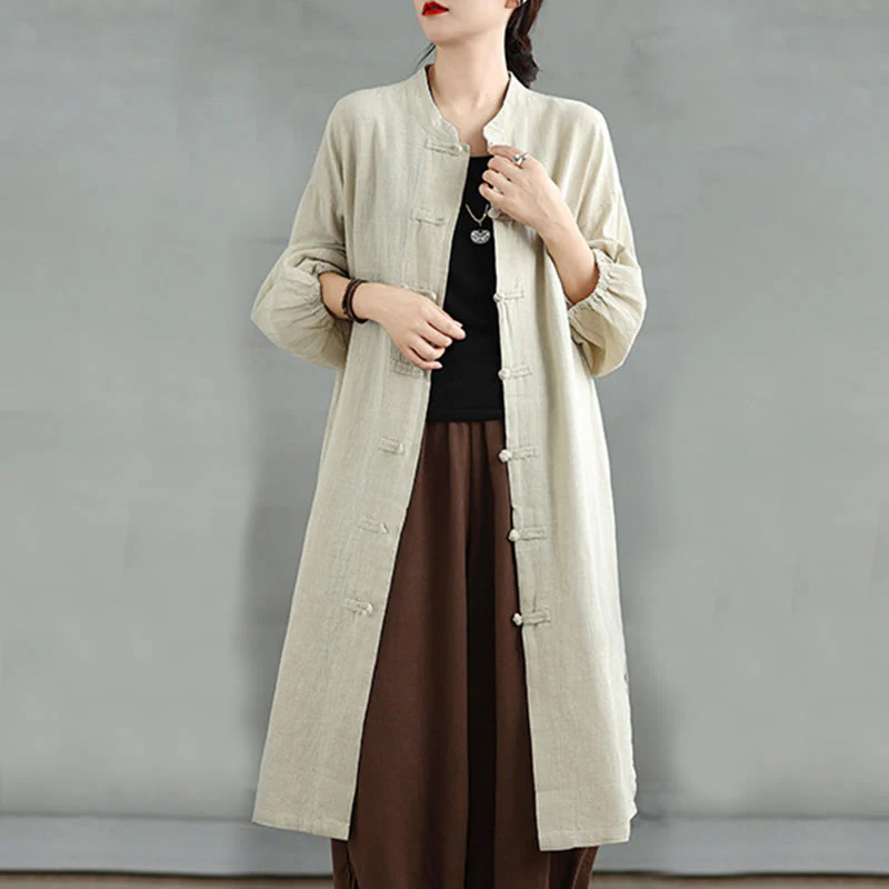 Buddha Stones Casual Frog-button Women's Cotton Linen Coat With Pockets