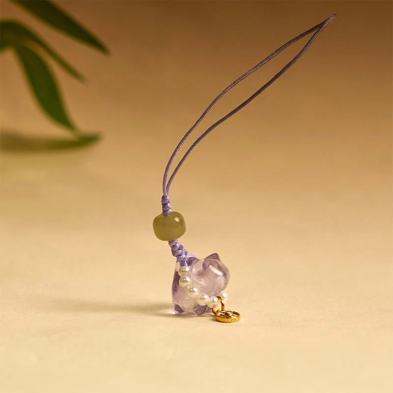 Buddha Stones Pink Crystal Amethyst Citrine Pearl Fu Character Lucky Kitten Warmth Phone Hanging Decoration