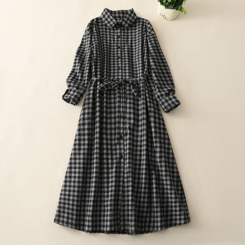 Buddha Stones Black Lace-Up Design Plaid Lapel Cotton Linen Midi Dress With Pockets