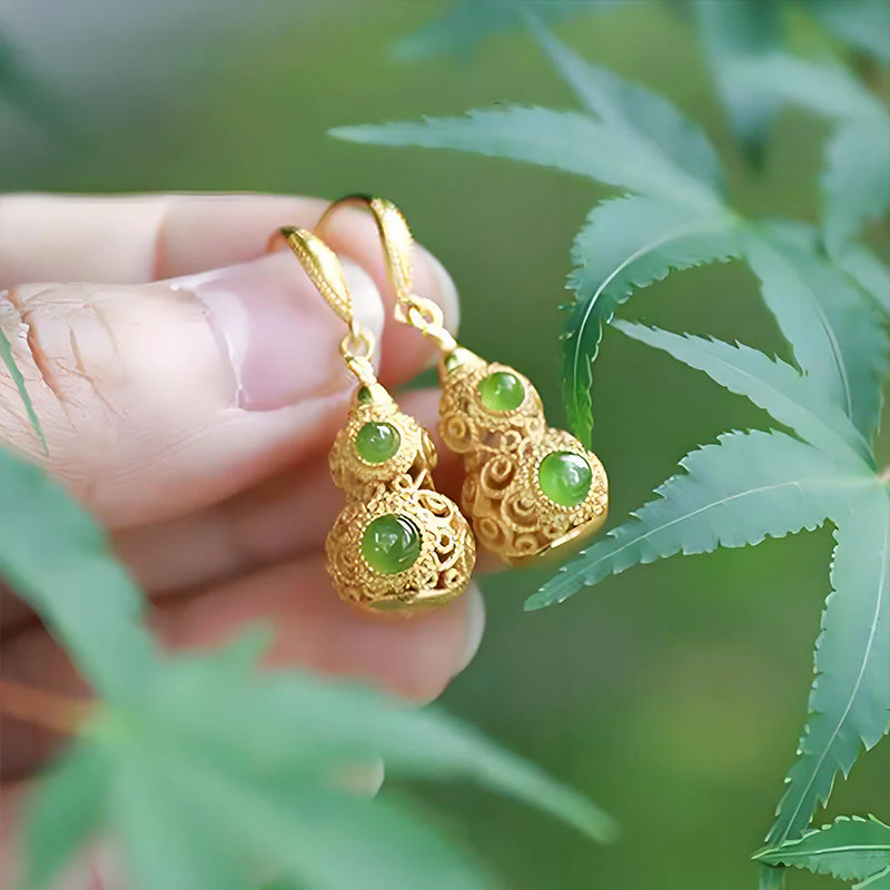 Buddha Stones Copper Hollow Gourd Jade Prosperity Earrings