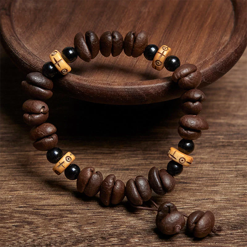 Buddha Stones Natural Coffee Beans Yak Bone Beads Bracelet