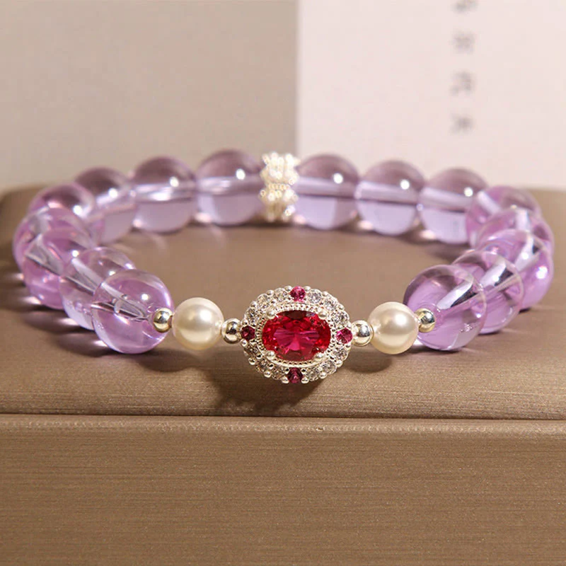 Buddha Stones Natural Amethyst Pearl Red Zircon Balance Bracelet