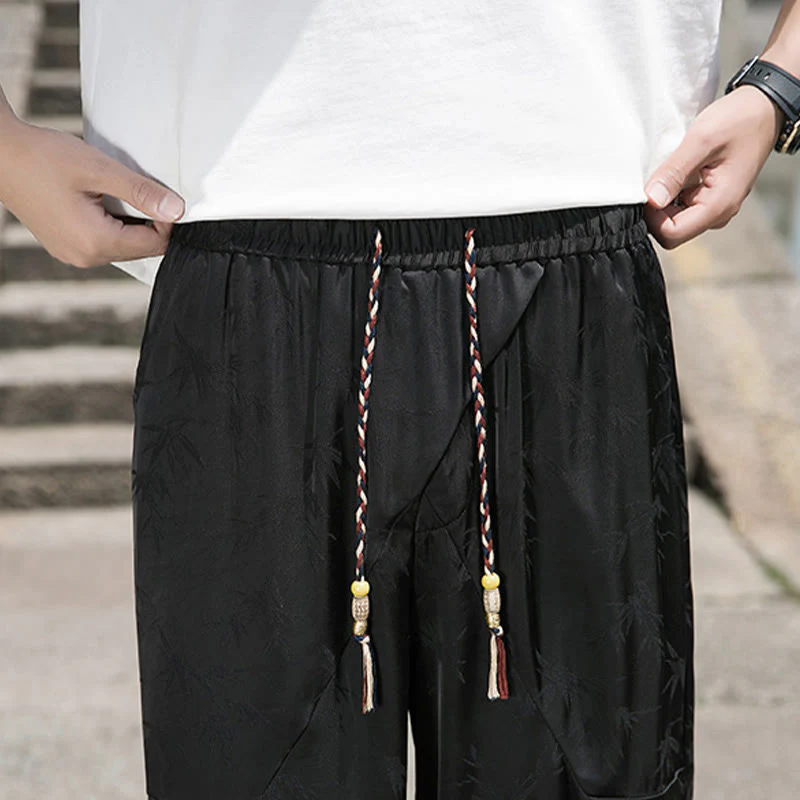Buddha Stones Summer Ice Silk Jacquard Bamboo Pattern Men's Drawstring Cotton Pants With Pockets