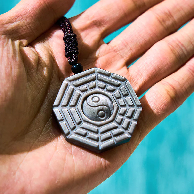 Buddha Stones Silver Sheen Obsidian Bagua Yin Yang Symbol Protection Necklace Pendant