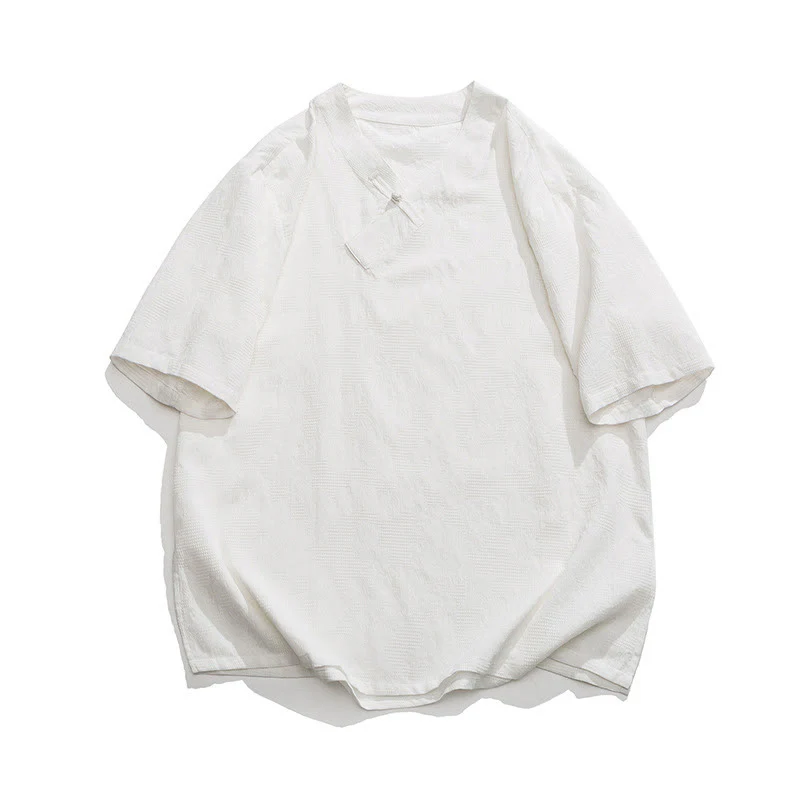 Buddha Stones Ethnic Distressed Jacquard Frog-Button Men's Stand Collar Half Sleeve Cotton Linen Shirt Tai Chi Clothes