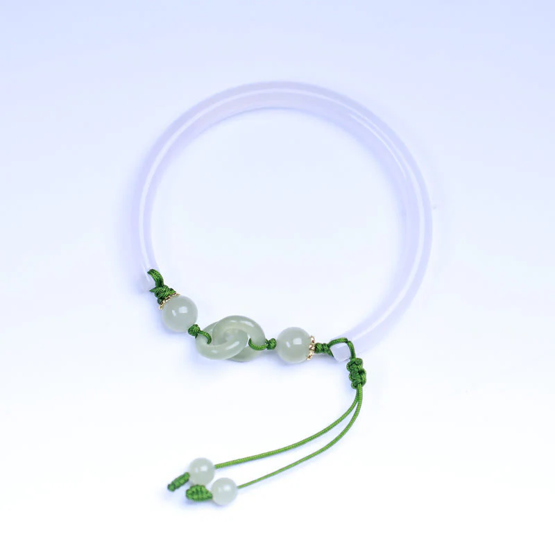 Buddha Stones Natural White Agate Hetian Jade Beads Interlocking Positive Bracelet Bangle