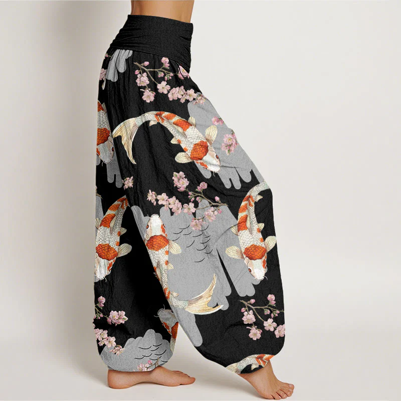Buddha Stones Casual Koi Fish Cherry Blossom Pattern Women's Elastic Waist Harem Pants