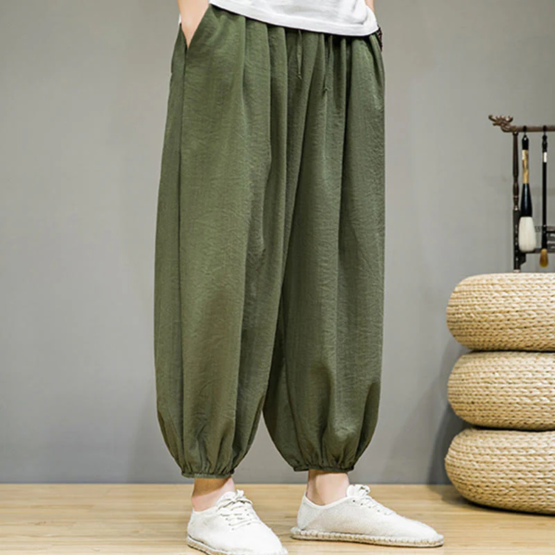 Buddha Stones Summer Plain Drawstring Men's Ankle-Length Cotton Harem Pants With Pockets