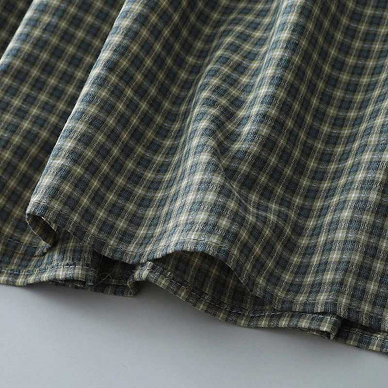 Buddha Stones Casual Plaid Buttons Lantern Long Sleeve Cotton Midi Dress