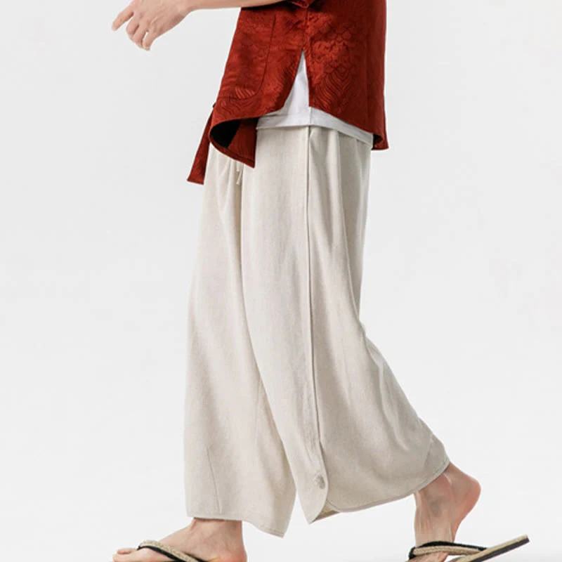 Buddha Stones Casual Loose Frog-Button Plain Men's Cotton Linen 7-8 Length Pants With Pockets