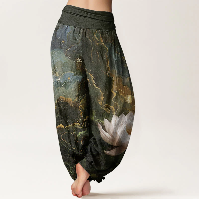 Buddha Stones Casual Lotus Starry Sky Clouds Pattern Women's Elastic Waist Harem Pants