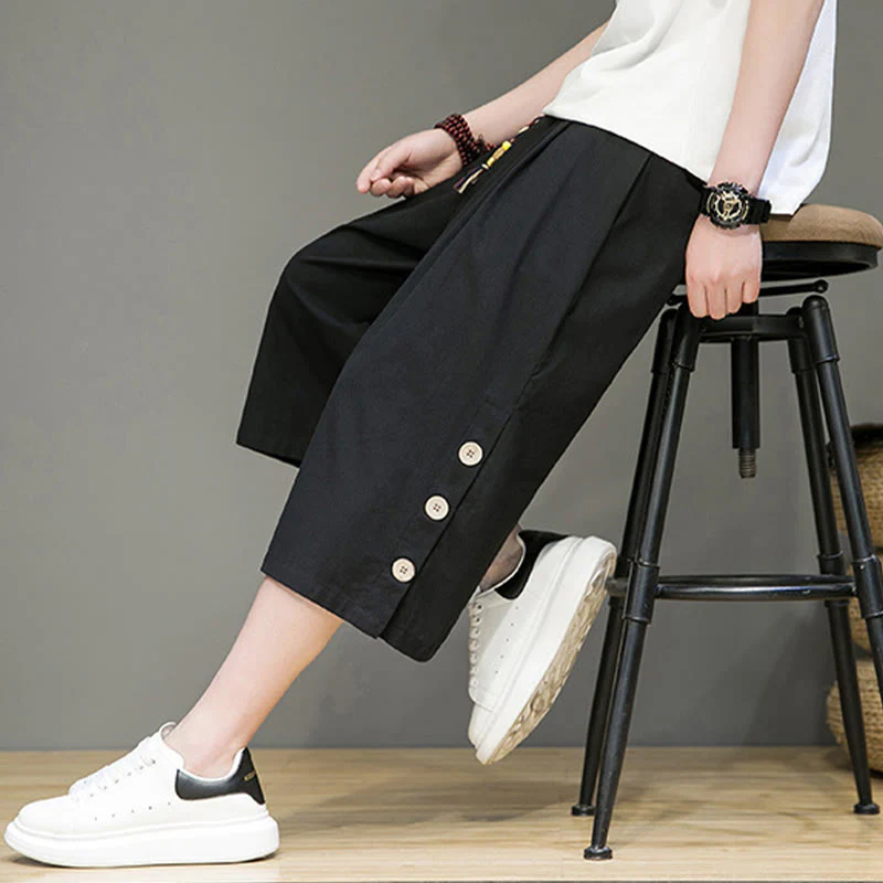 Buddha Stones Casual Plain Side Button Design Drawstring Men's Cotton Cropped Pants With Pockets