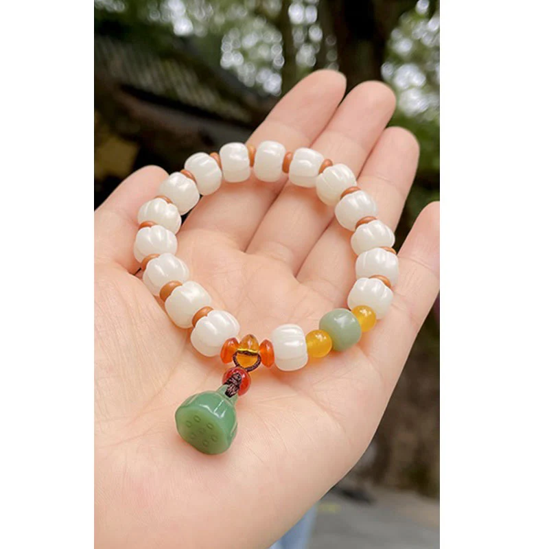 Buddha Stones Natural Bodhi Seed Red Agate Bodhi Calm Harmony Engraved Pumpkin Bead Lotus Bracelet