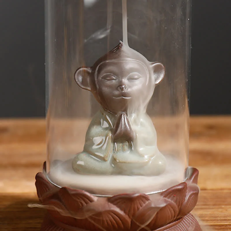 Buddha Stones Meditation Wukong Monkey King Purple Clay Windshield Lotus Backflow Smoke Fountain Incense Burner Decoration