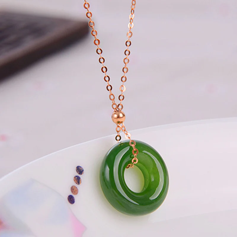 Buddha Stones Round Cyan Jade Healing 14K Gold Necklace Pendant