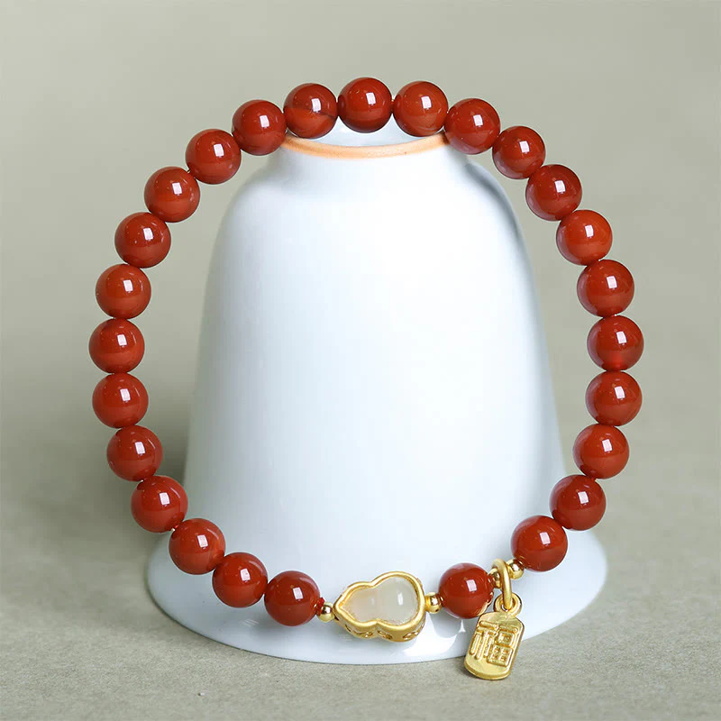 Buddha Stones Natural South Red Agate Hetian Jade Gourd Positive Bracelet
