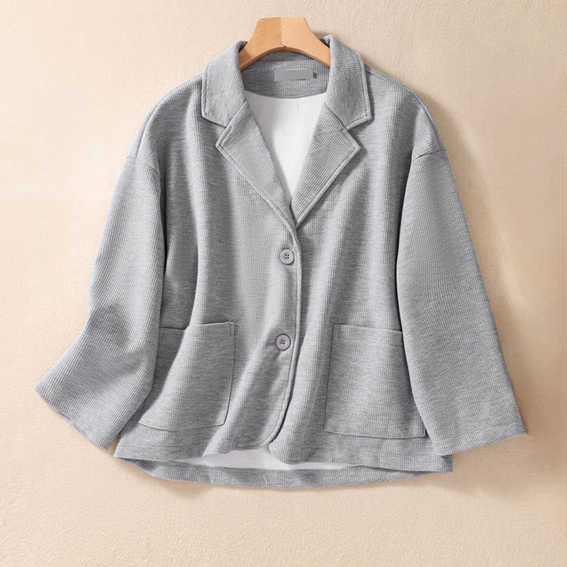 Buddha Stones Plain Lapel Women's Cotton Jacket With Pockets