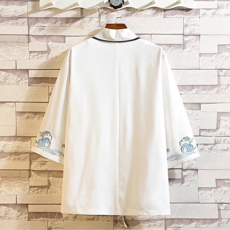 Buddha Stones Embroidery Dragon Phoenix Auspicious Cloud Waves Leaves Cranes Open Front Jacket Men's Kimono