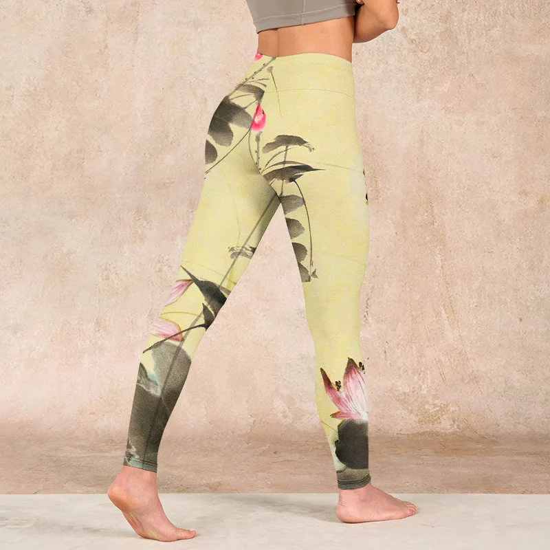 Buddha Stones Pink Blooming And Unbloomed Lotus Print Gym Leggings Women's Yoga Pants