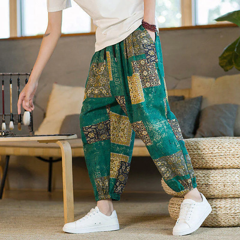 Buddha Stones Summer Square Patchwork Cotton Linen Men's Ankle-Length Harem Pants With Pockets