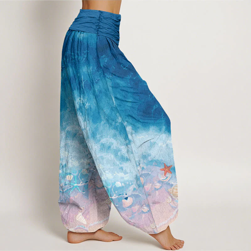 Buddha Stones Vast Ocean Pattern Women's Elastic Waist Harem Pants