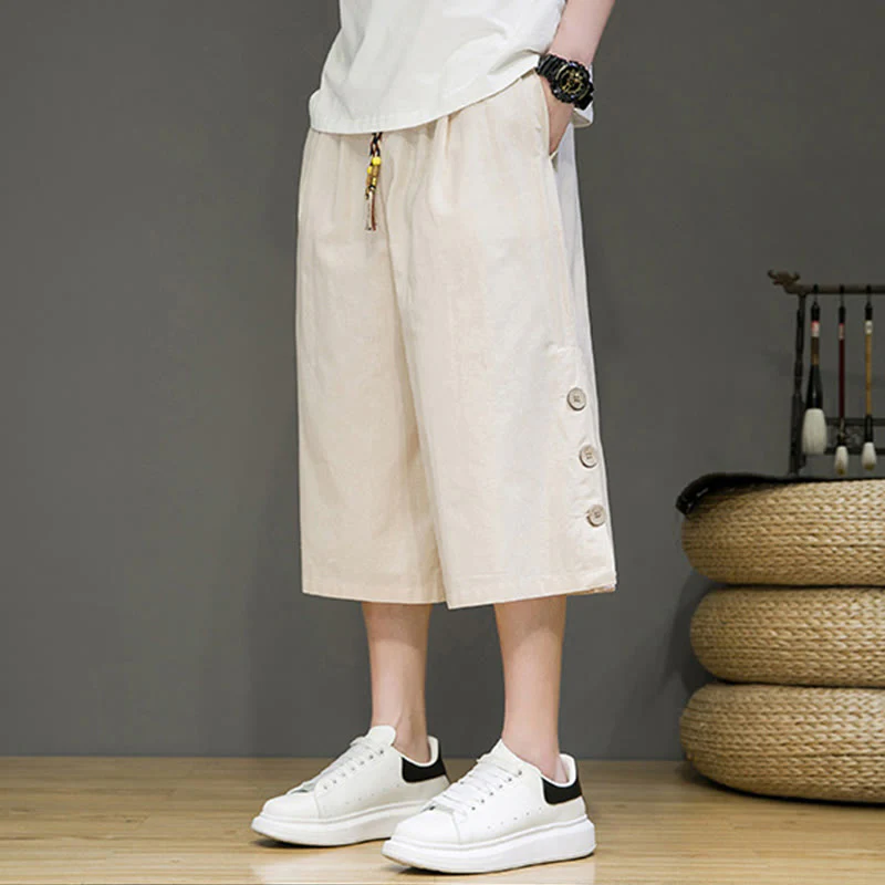 Buddha Stones Casual Plain Side Button Design Drawstring Men's Cotton Cropped Pants With Pockets