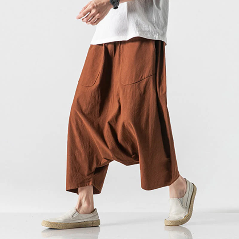 Buddha Stones Casual Low Crotch Design Drawstring Men's 7-8 Length Cotton Linen Wide Leg Pants With Pockets