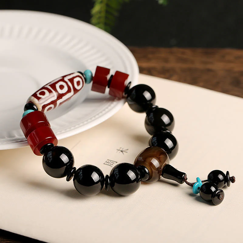 Buddha Stones Tibetan Nine-Eye Dzi Bead Black Onyx Wealth Protection Bracelet