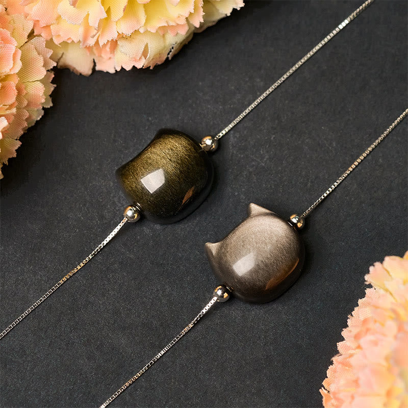 Buddha Stones 925 Sterling Silver Silver Sheen Obsidian Gold Sheen Obsidian Cat Soothing Bracelet