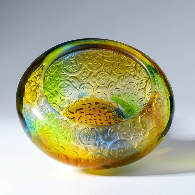 Buddha Stones Handmade Liuli Crystal Treasure Bowl Ingots Art Piece Home Decoration