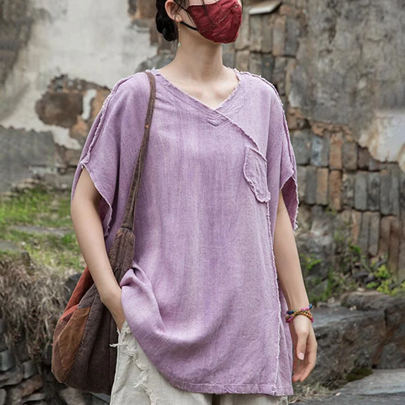 Buddha Stones Summer Tie-dye Linen V-Neck Short Sleeve Women's T-shirts