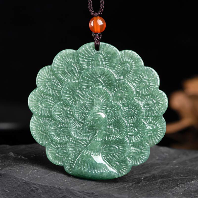 Buddha Stones Natural Jade Peacock Luck Prosperity Necklace Pendant