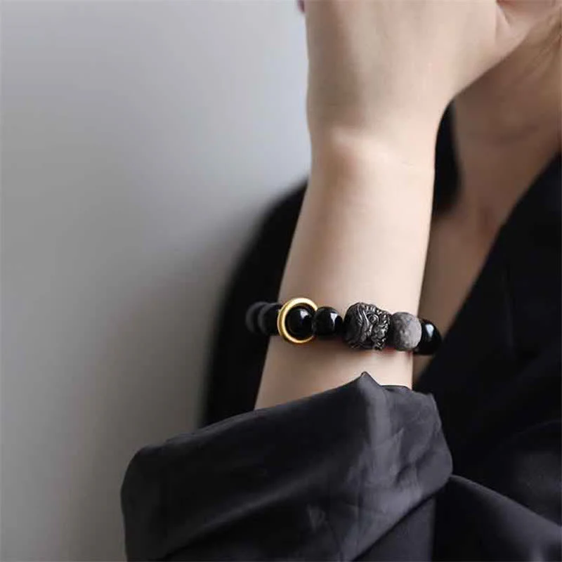 Buddha Stones Black Obsidian Silver Sheen Obsidian Lion Strength Bracelet