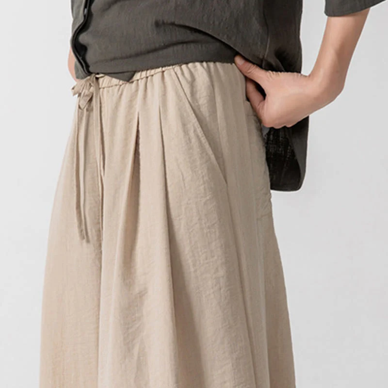 Buddha Stones Casual Loose Frog-Button Plain Men's Cotton 7-8 Length Wide Leg Pants With Pockets