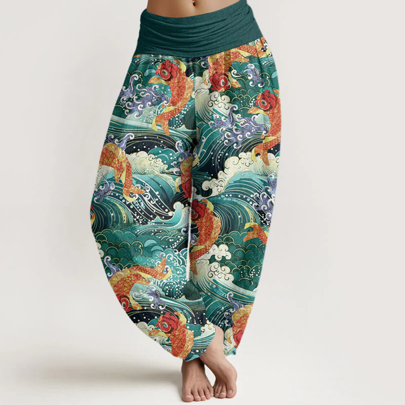 Buddha Stones Casual Koi Fish Ocean Waves Pattern Women's Elastic Waist Harem Pants
